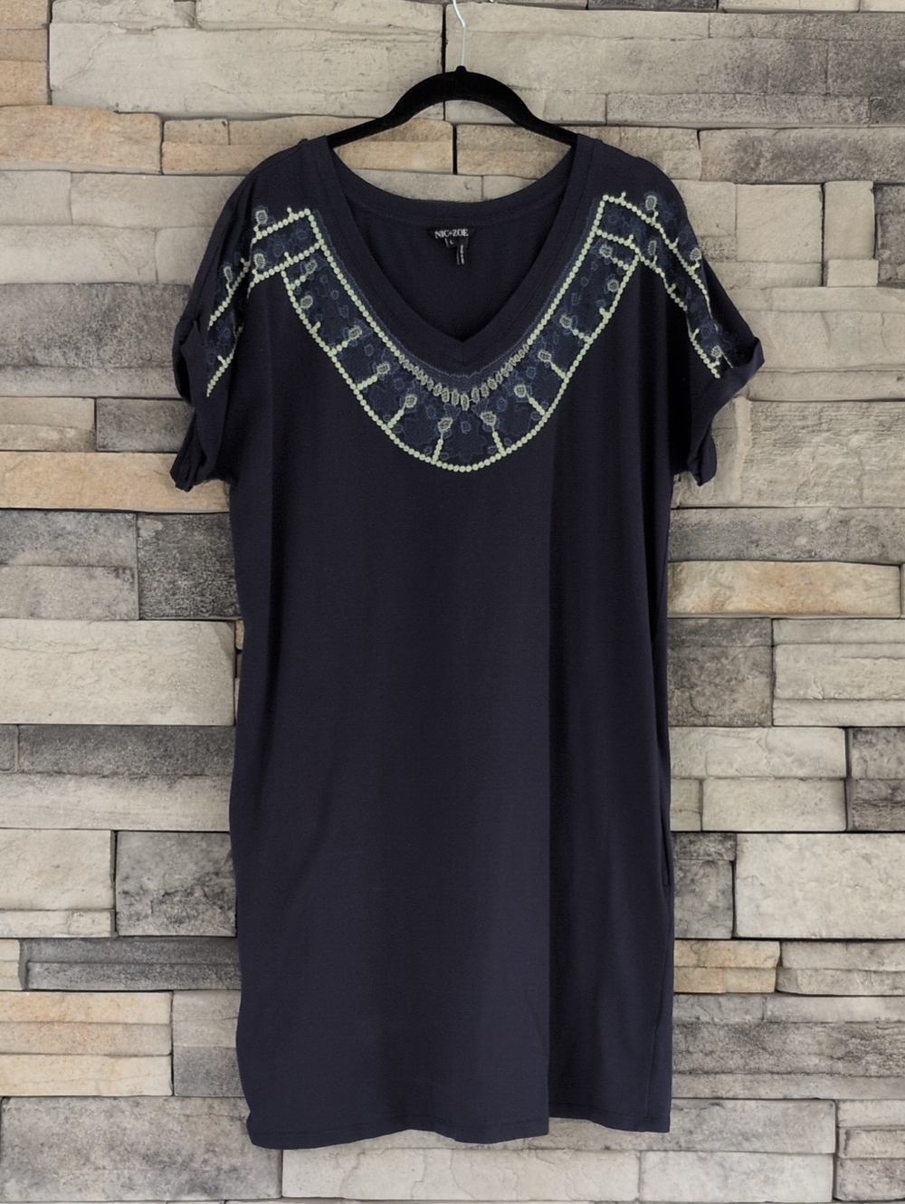 NIC+ZOE Navy V-Neck Tunic Dress with Embroidered Yoke